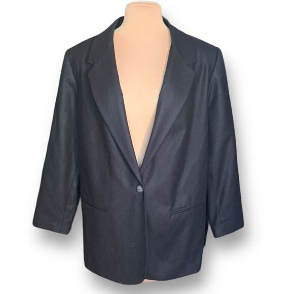 Vintage 90s Black Wool Blazer Jacket Single Button Oversized Plus Size 18W - Picture 1 of 10